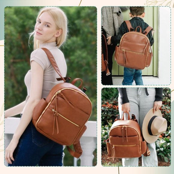 MOMINSIDE Small Brown Leather Diaper Bag Backpack with Blue Interio - Brand New! - Picture 7 of 11